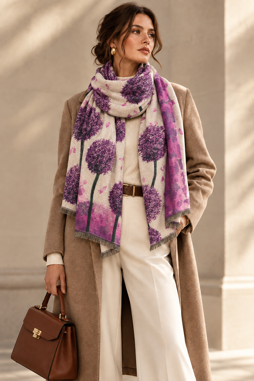 Women's pink and purple floral printed polyester scarf with fringed ends, draped