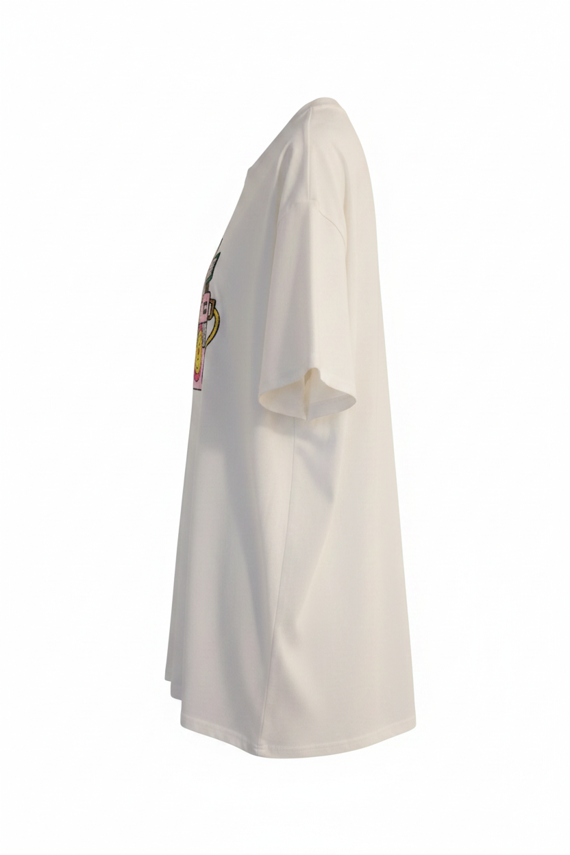 Smile Camera Sequin T-Shirt side profile view — showing relaxed oversized silhouette and fit