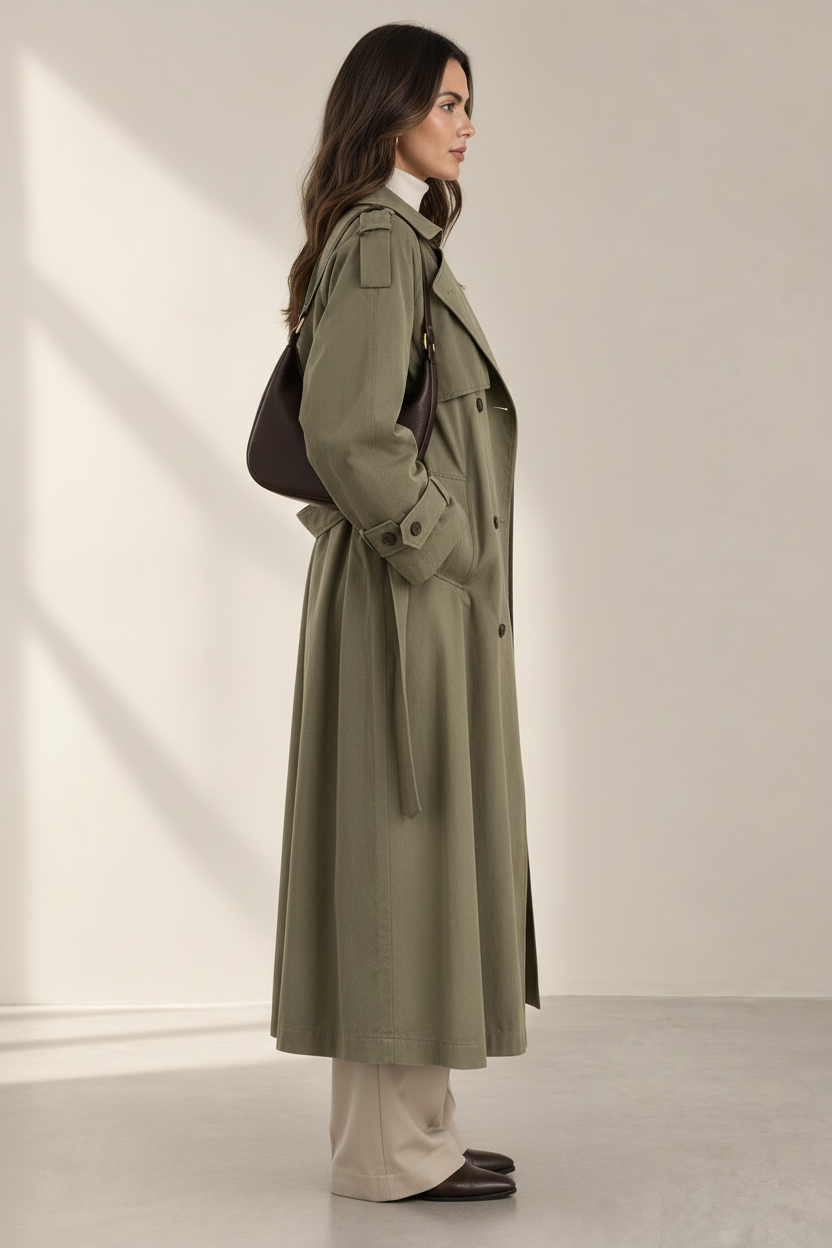 Side profile of a women's khaki belted trench coat on a model