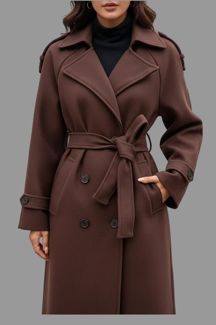 Chocolate-brown trench coat buttons lapels and tie belt detail