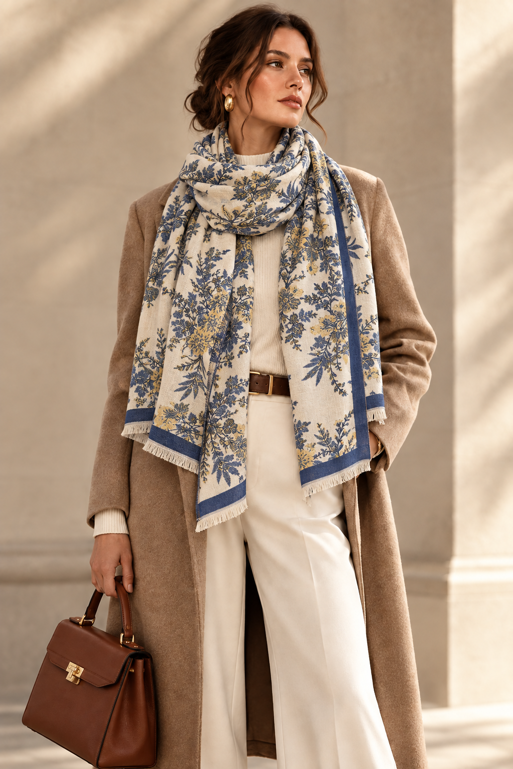 Women's blue-and-cream floral printed polyester scarf with fringed ends, draped