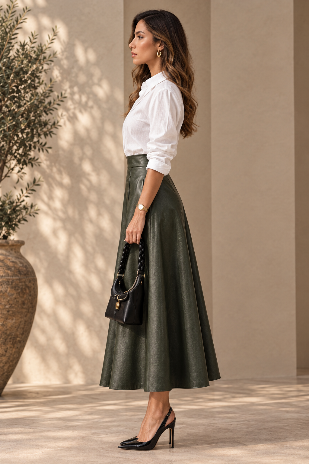 Army green leather A-line midi skirt styled with a white blouse, side profile