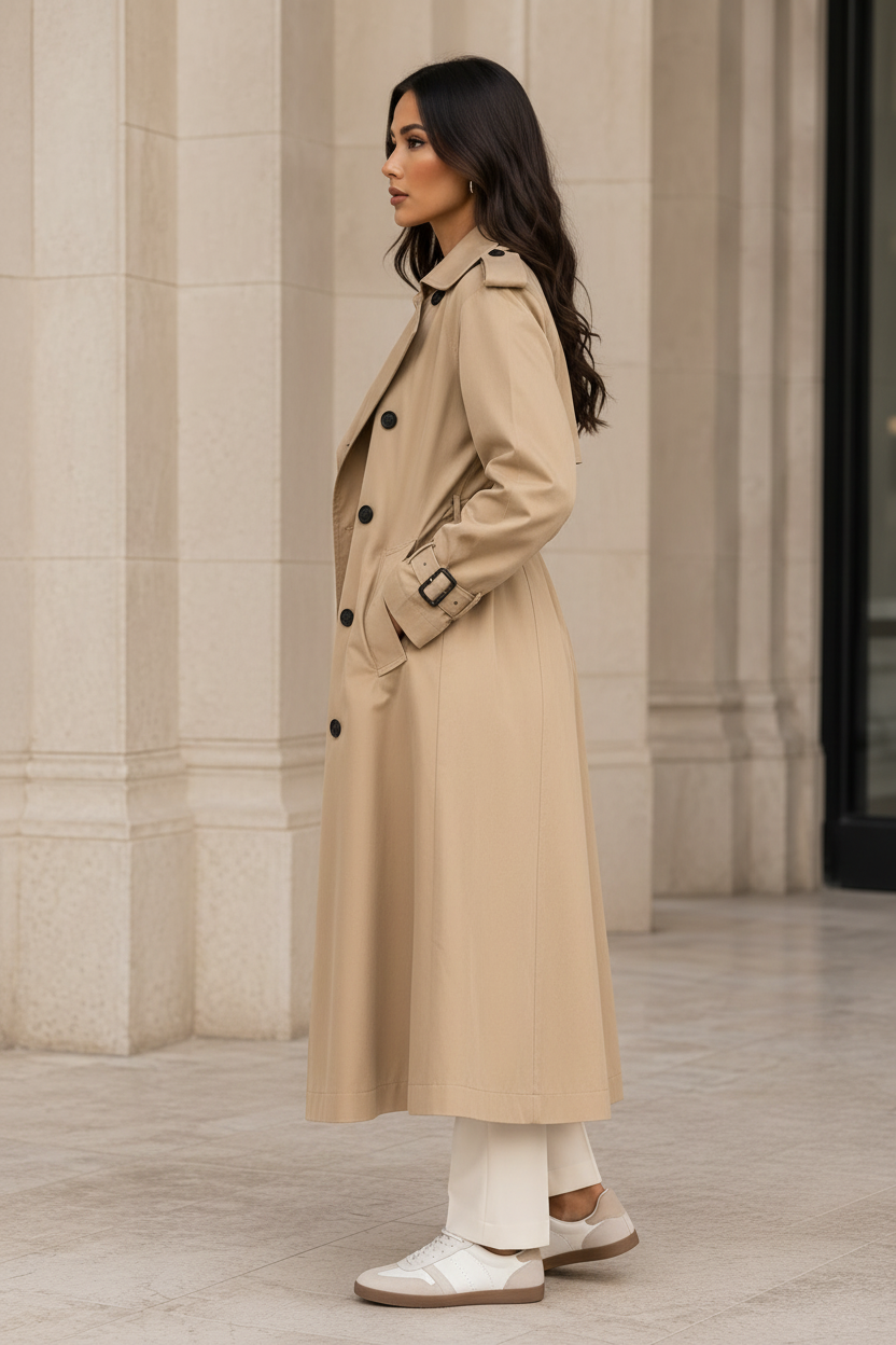 Side profile of a khaki lined belted mac coat on a model
