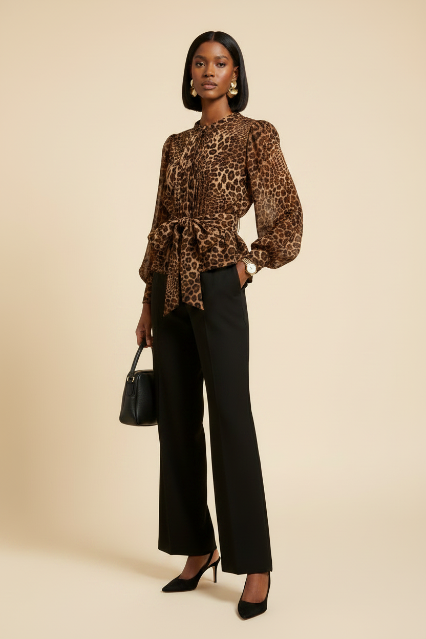 Three-quarter view of leopard pleated tie-waist blouse