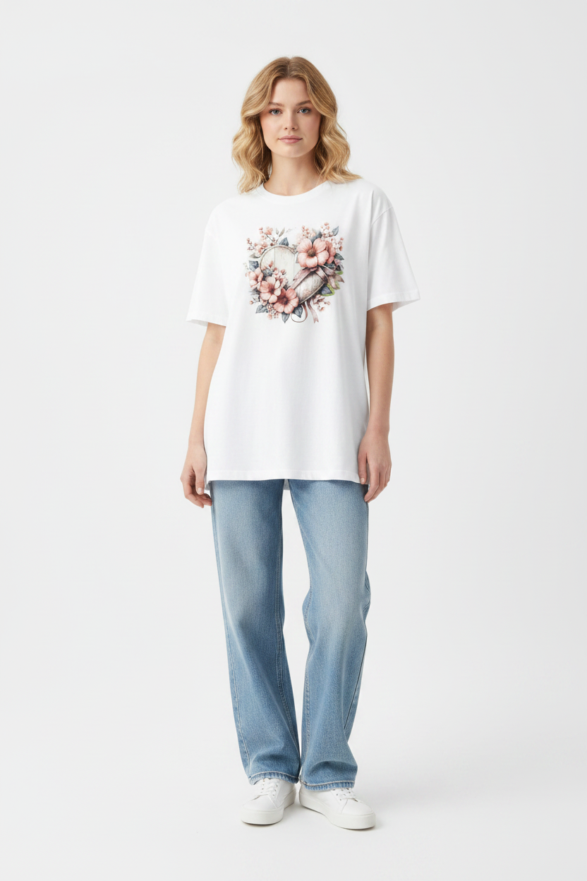 Floral Heart Graphic T-Shirt worn by female model in white studio — editorial full body shot showing relaxed oversized fit