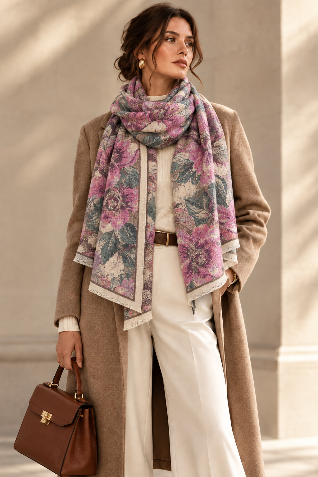 Women's purple floral printed polyester scarf with fringed ends, draped around neck