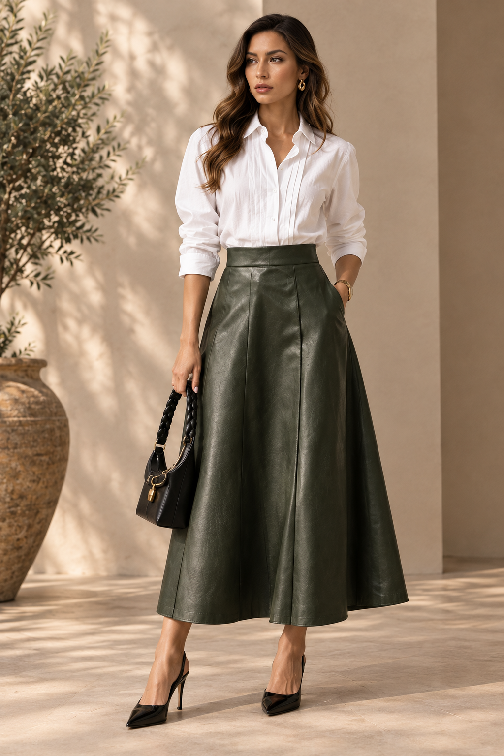 Army green leather A-line midi skirt styled with a white blouse, three-quarter front view