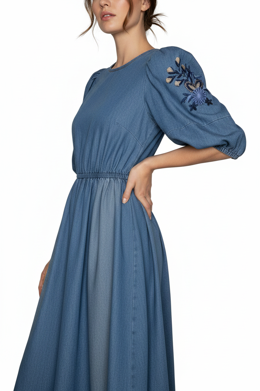 Close-up of 3D floral embroidery and beading on blue denim dress