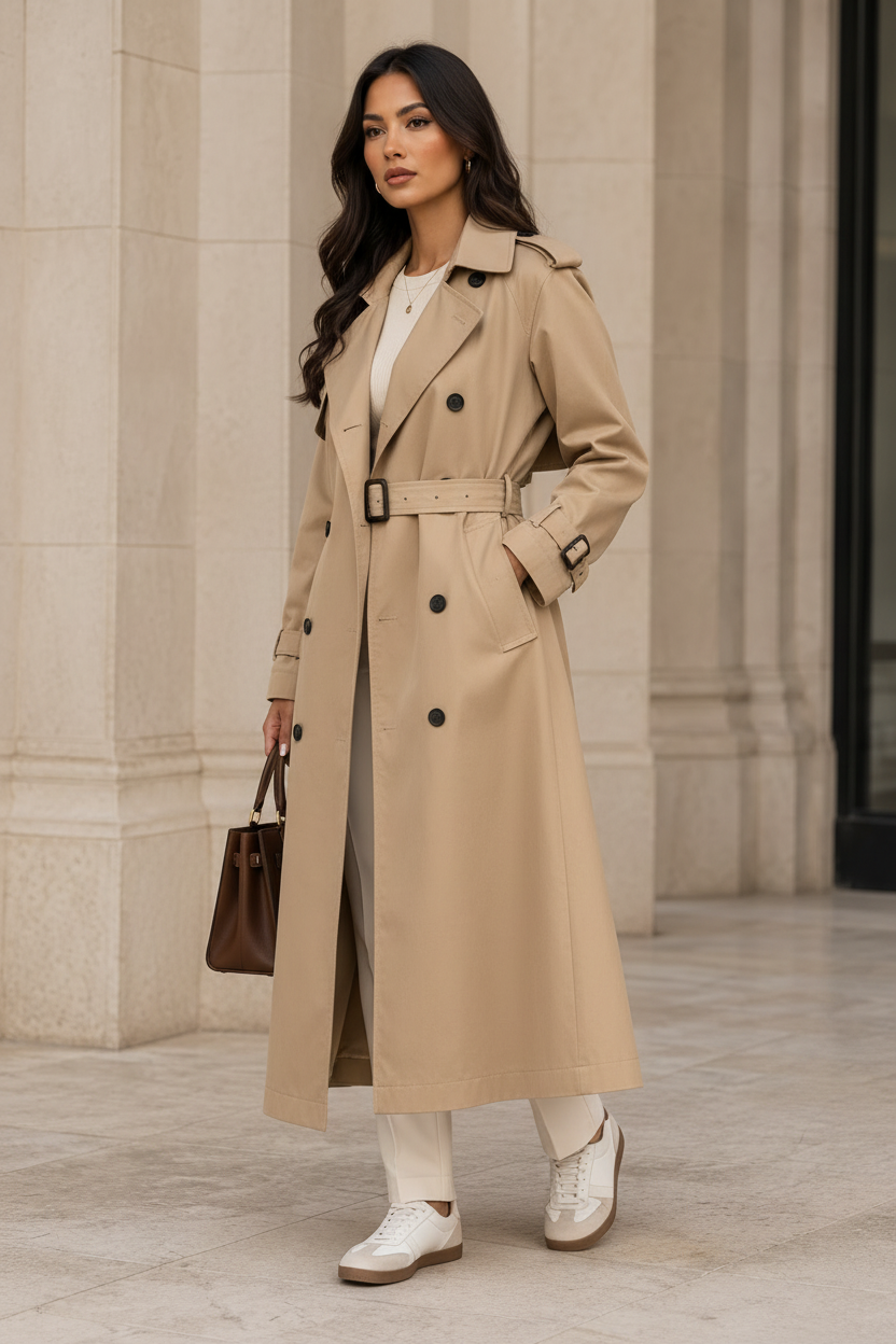 Three-quarter front view of a khaki lined belted mac coat on a model