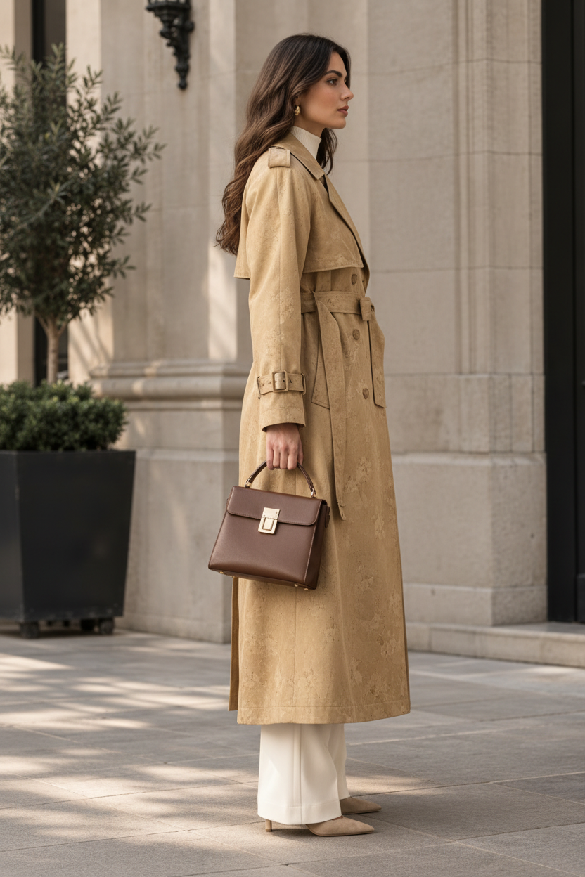 Side profile of a model wearing a women's printed patchwork double-breasted belted trench coat