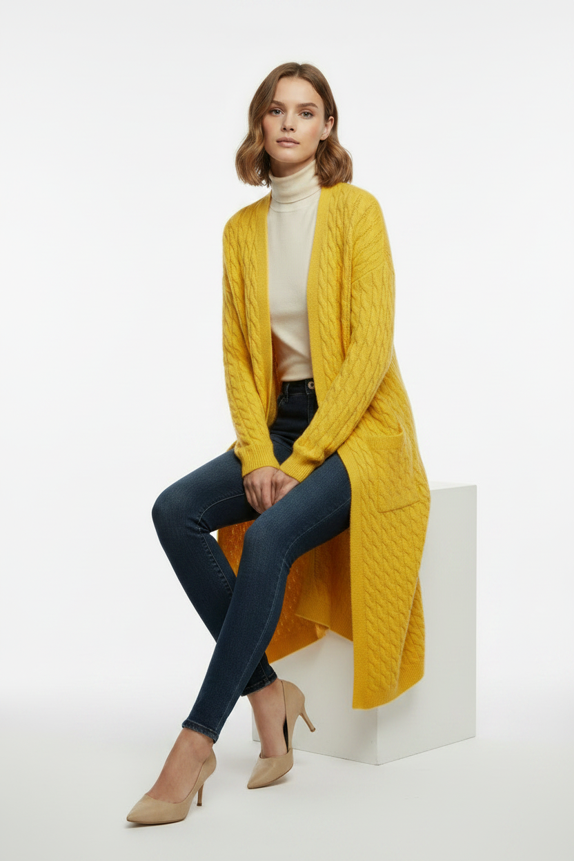Model wearing yellow longline cardigan in a seated pose