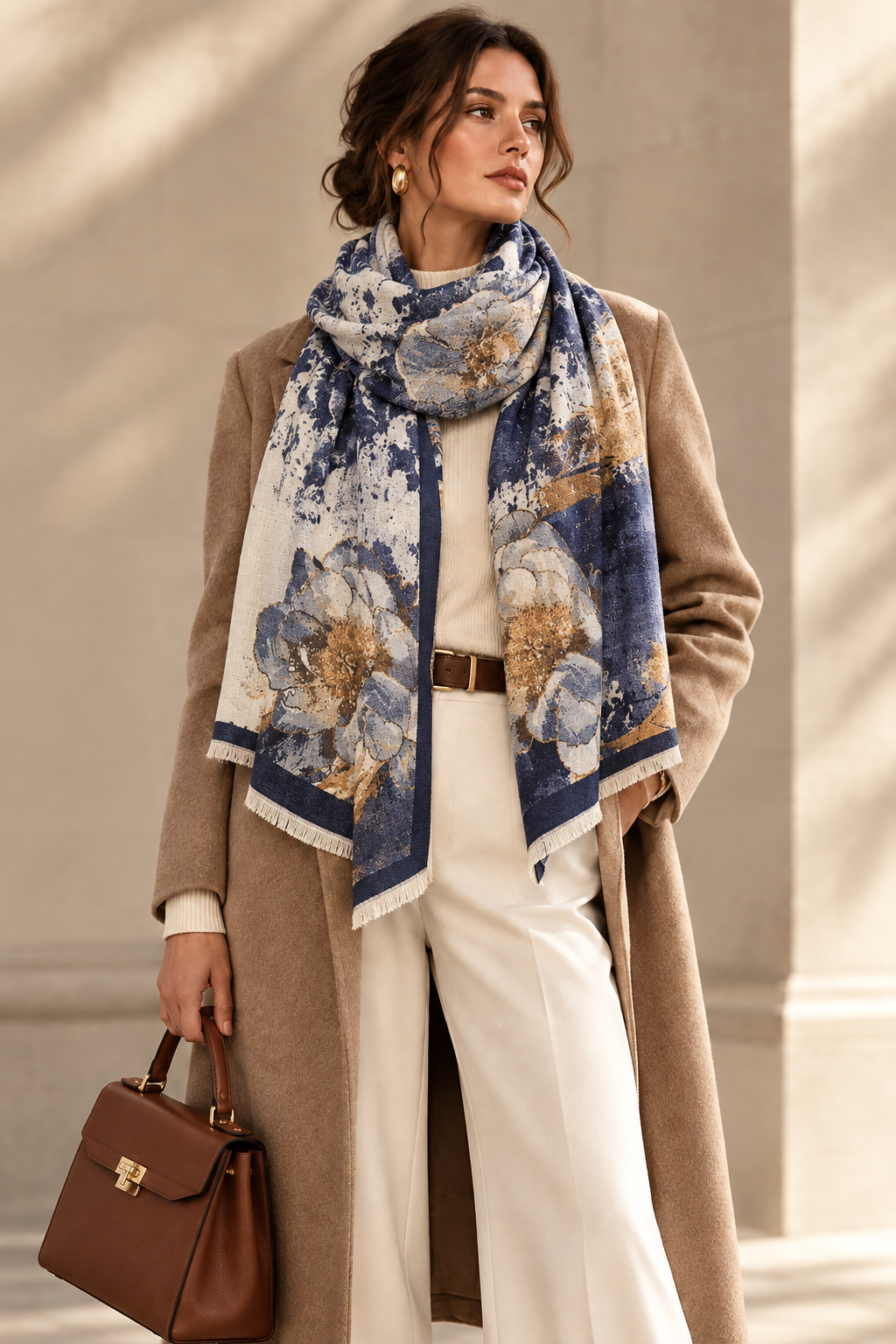 Women's blue floral printed polyester scarf with fringed ends, draped around neck