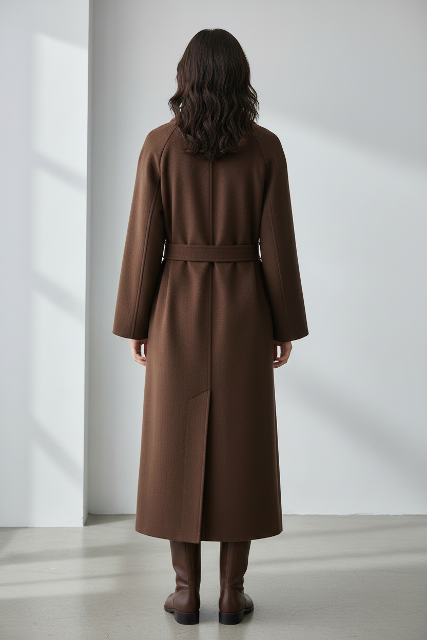 Chocolate-brown belted trench coat plain back with waist belt on model wearing matching brown boots