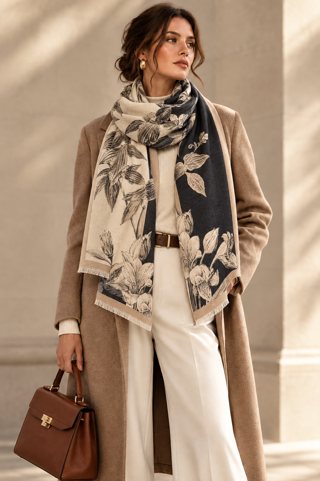 Women's black-and-cream leaf printed polyester scarf with fringed ends, draped
