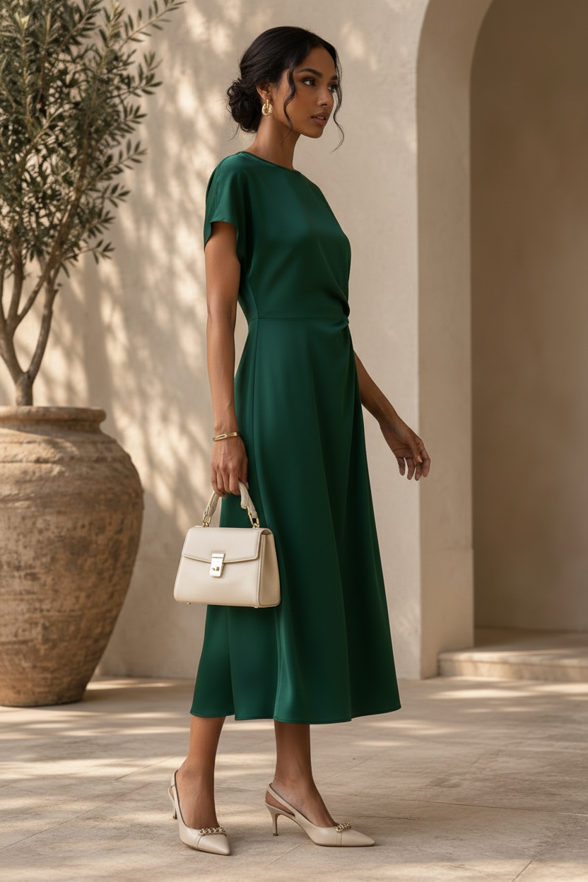 Dark green satin twist-front midi dress with draped waist, short sleeves, midi hem