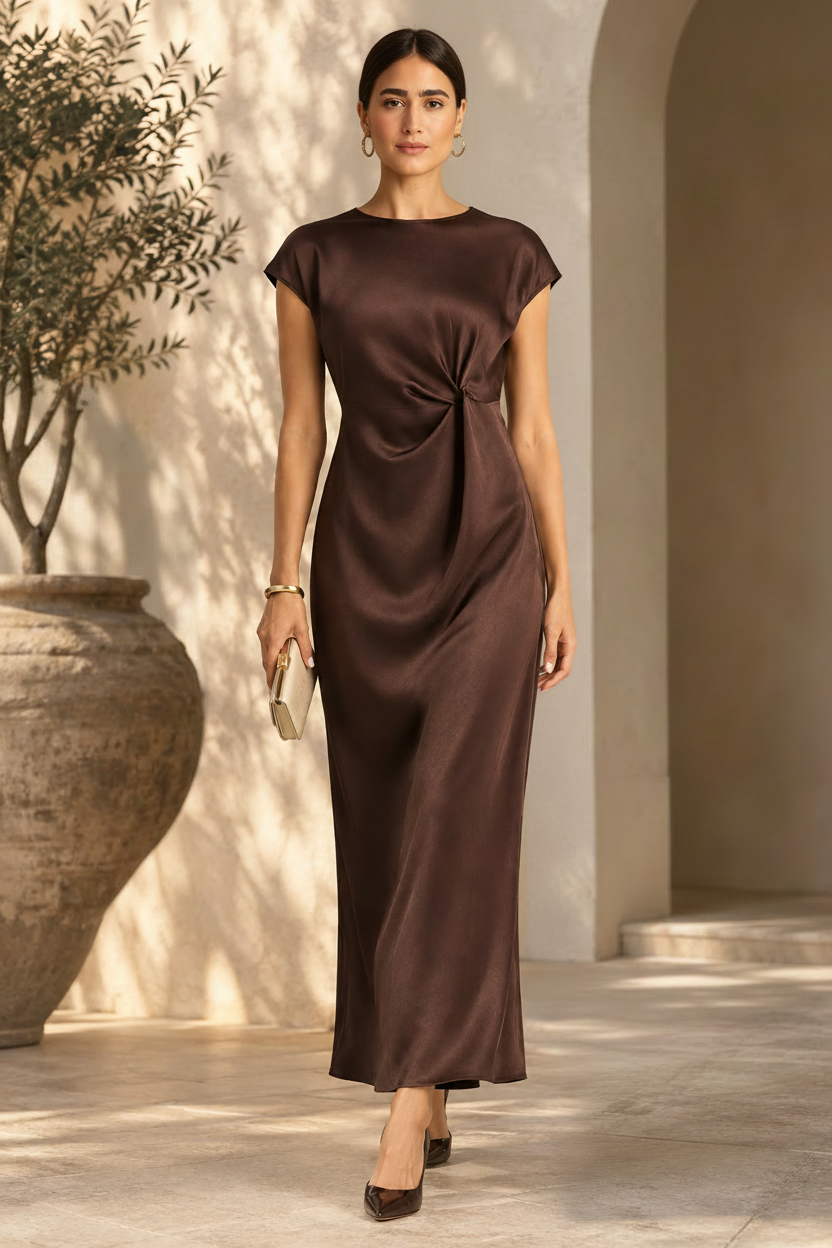 Brown satin twist-front midi dress with gathered waist, short sleeves, straight skirt