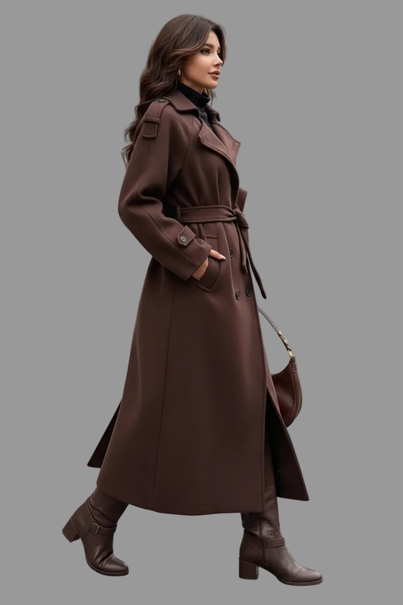 Chocolate-brown longline trench coat side view on model