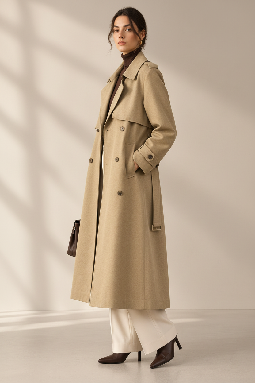 Three-quarter front view of a women's beige twill double-breasted belted coat on a model