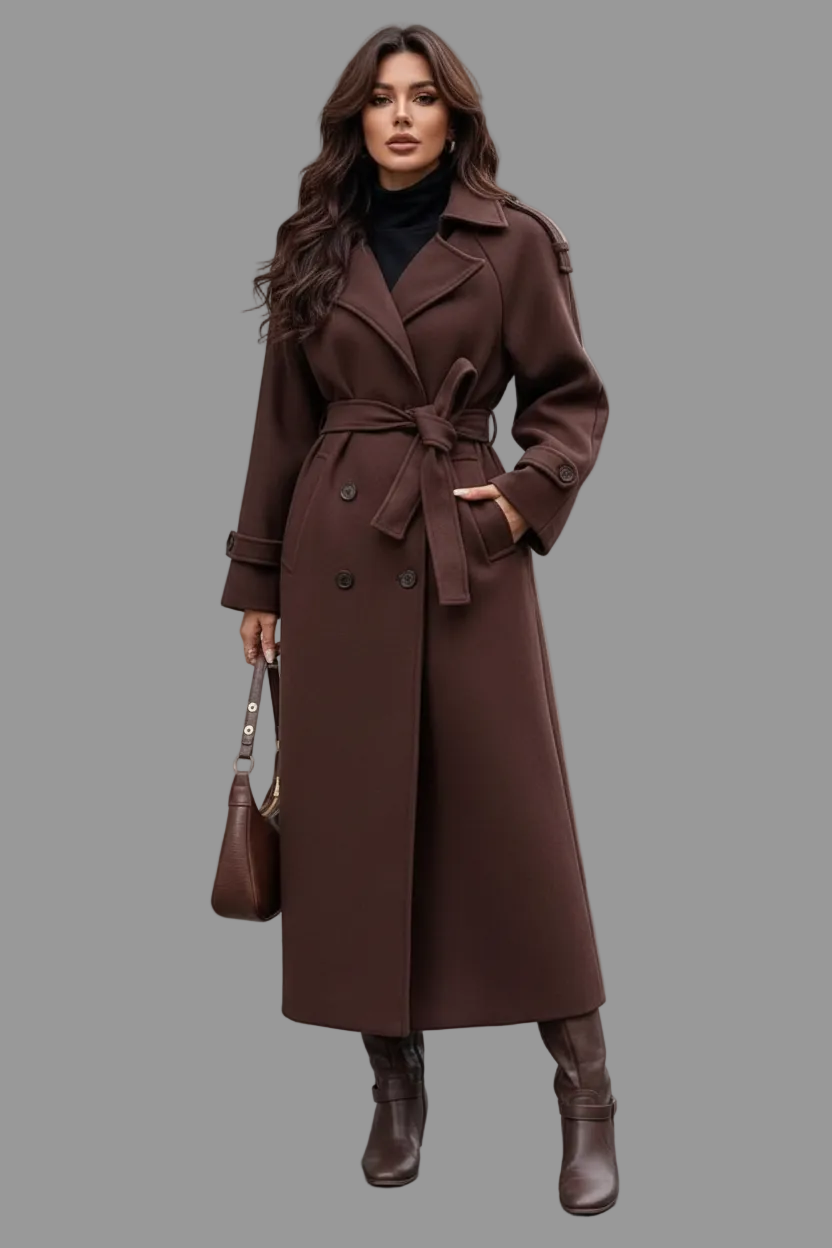 Chocolate-brown belted trench coat front view on model