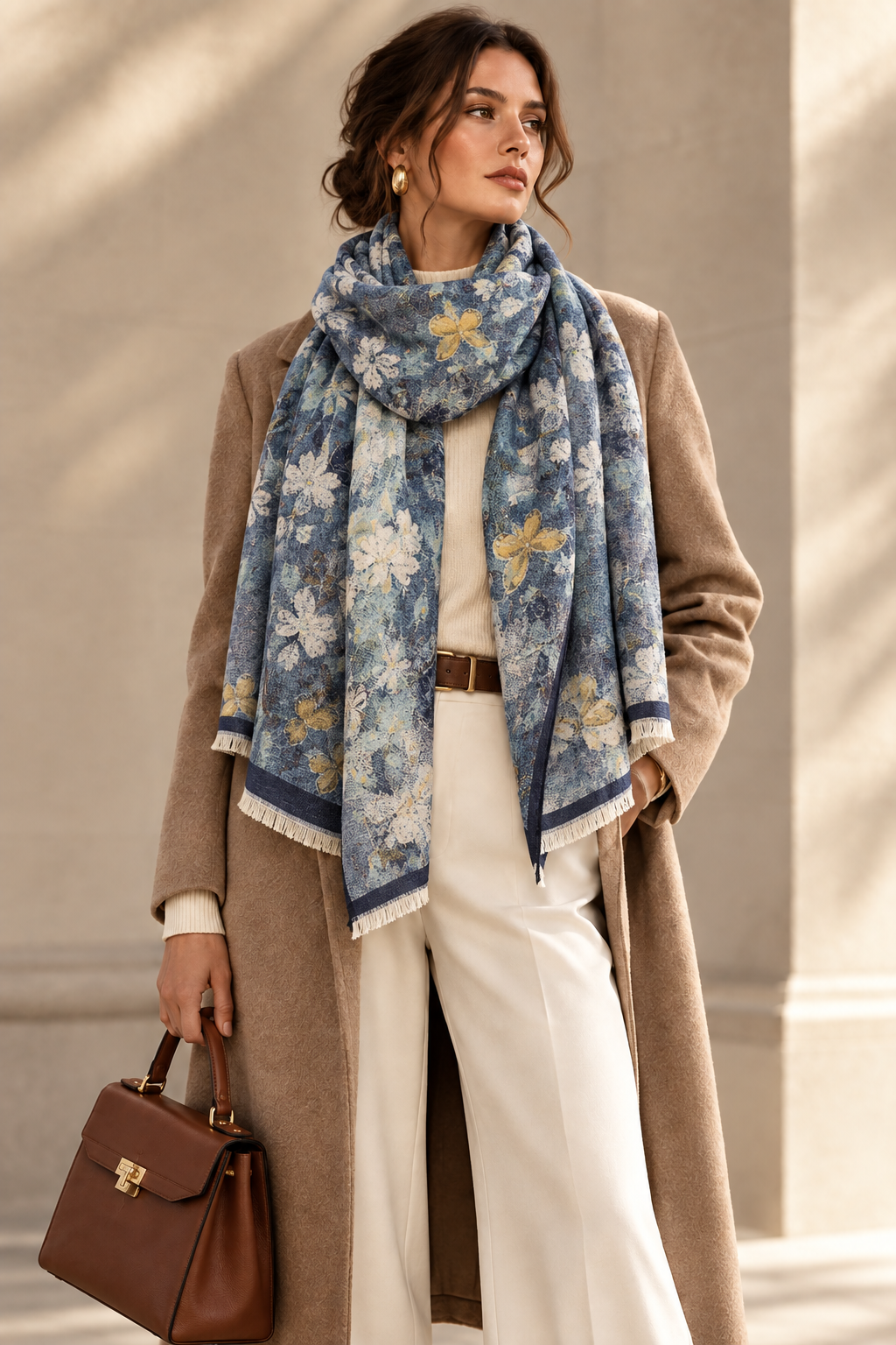Women's blue floral printed polyester scarf with fringed ends, draped around neck