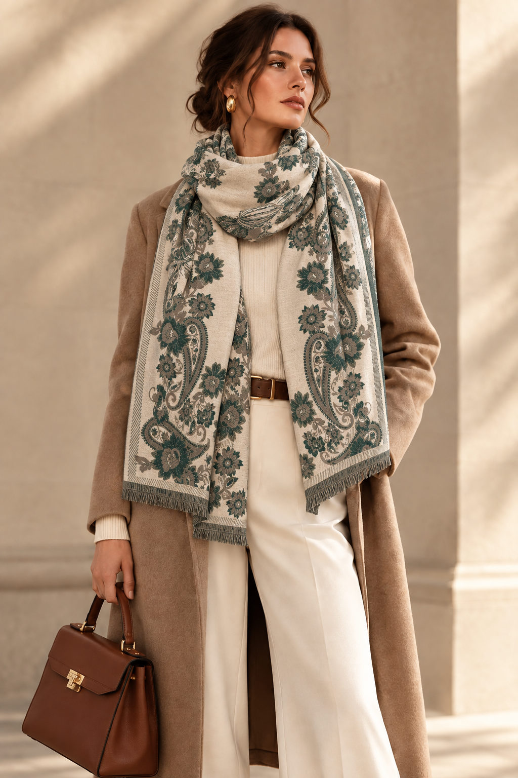 Women's teal floral printed polyester scarf with fringed ends, draped around neck