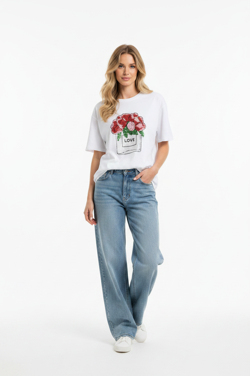 Love Floral Sequin T-Shirt worn by female model in white studio — editorial full body shot showing relaxed fit
