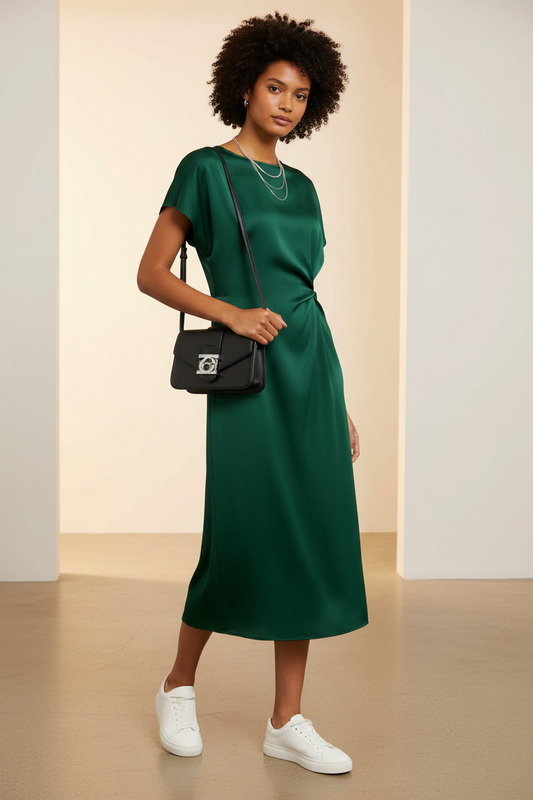 Dark green satin twist-front midi dress on a young model with a black shoulder bag and white platform trainers