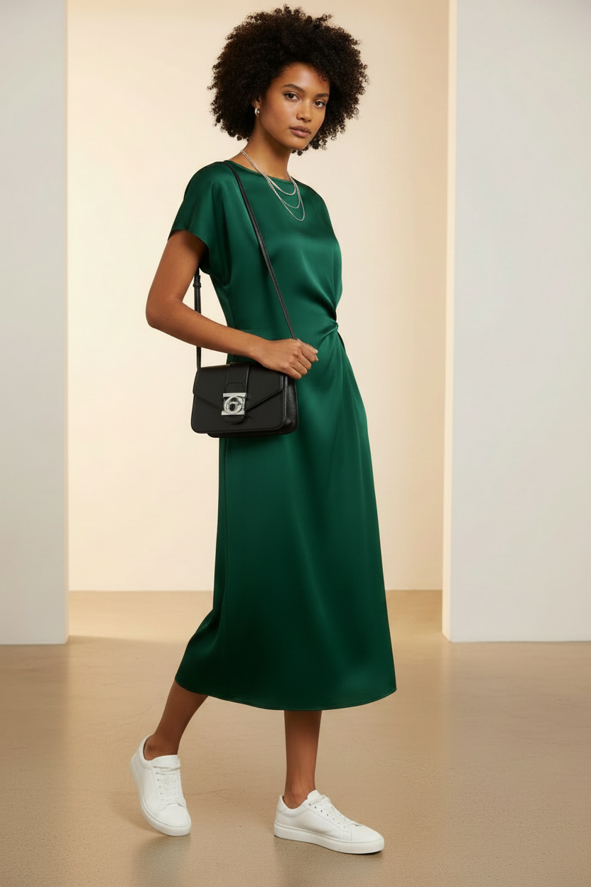 Side view of dark green satin twist-front midi dress on a young model with white platform trainers