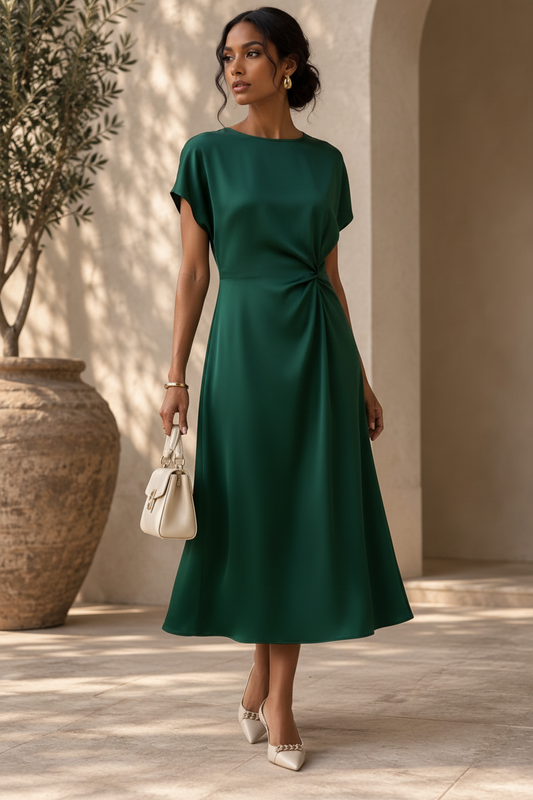 Dark green satin twist-front midi dress, short sleeves, fitted waist, flowing skirt