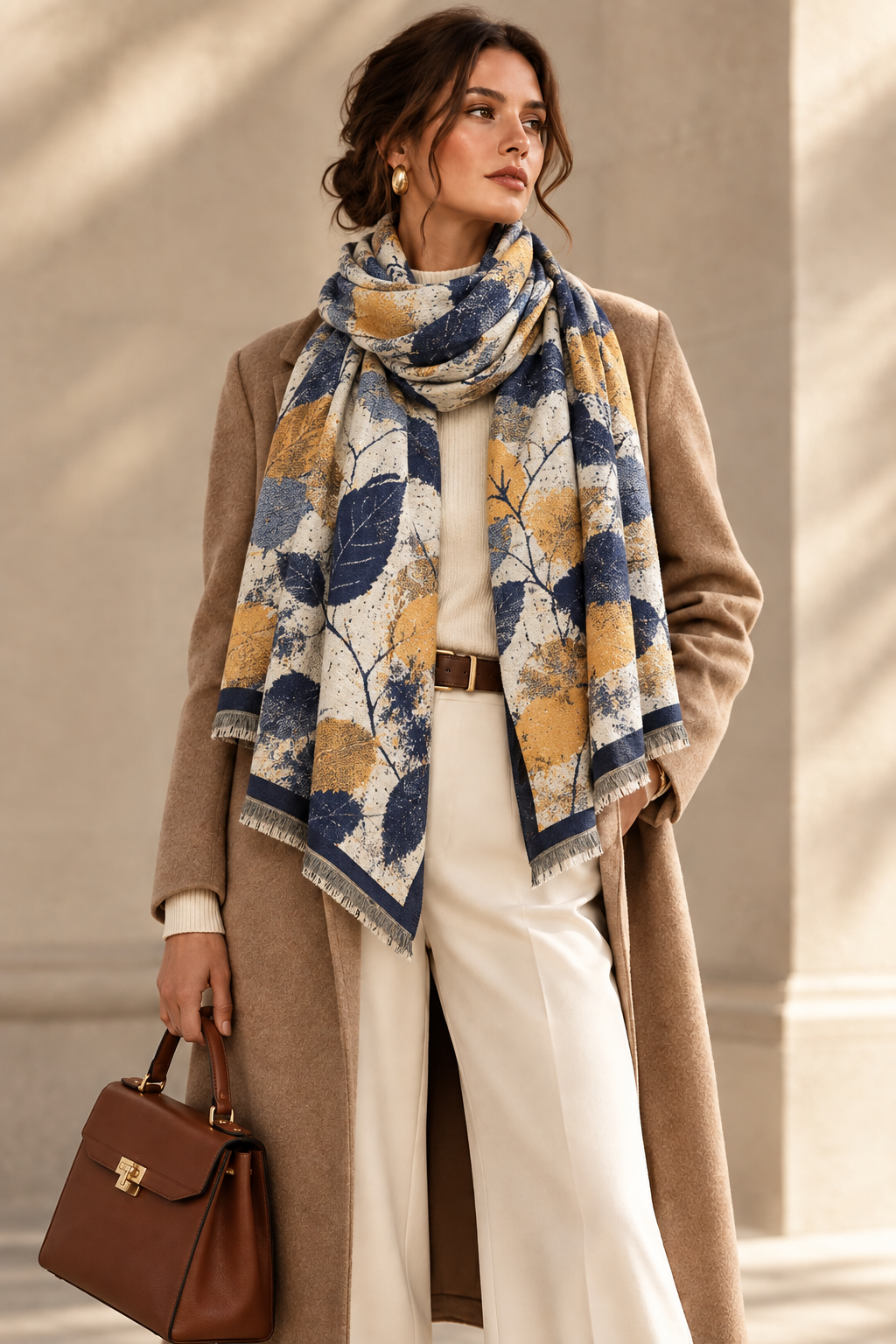 Women's navy-and-cream botanical printed polyester scarf with fringed ends, draped