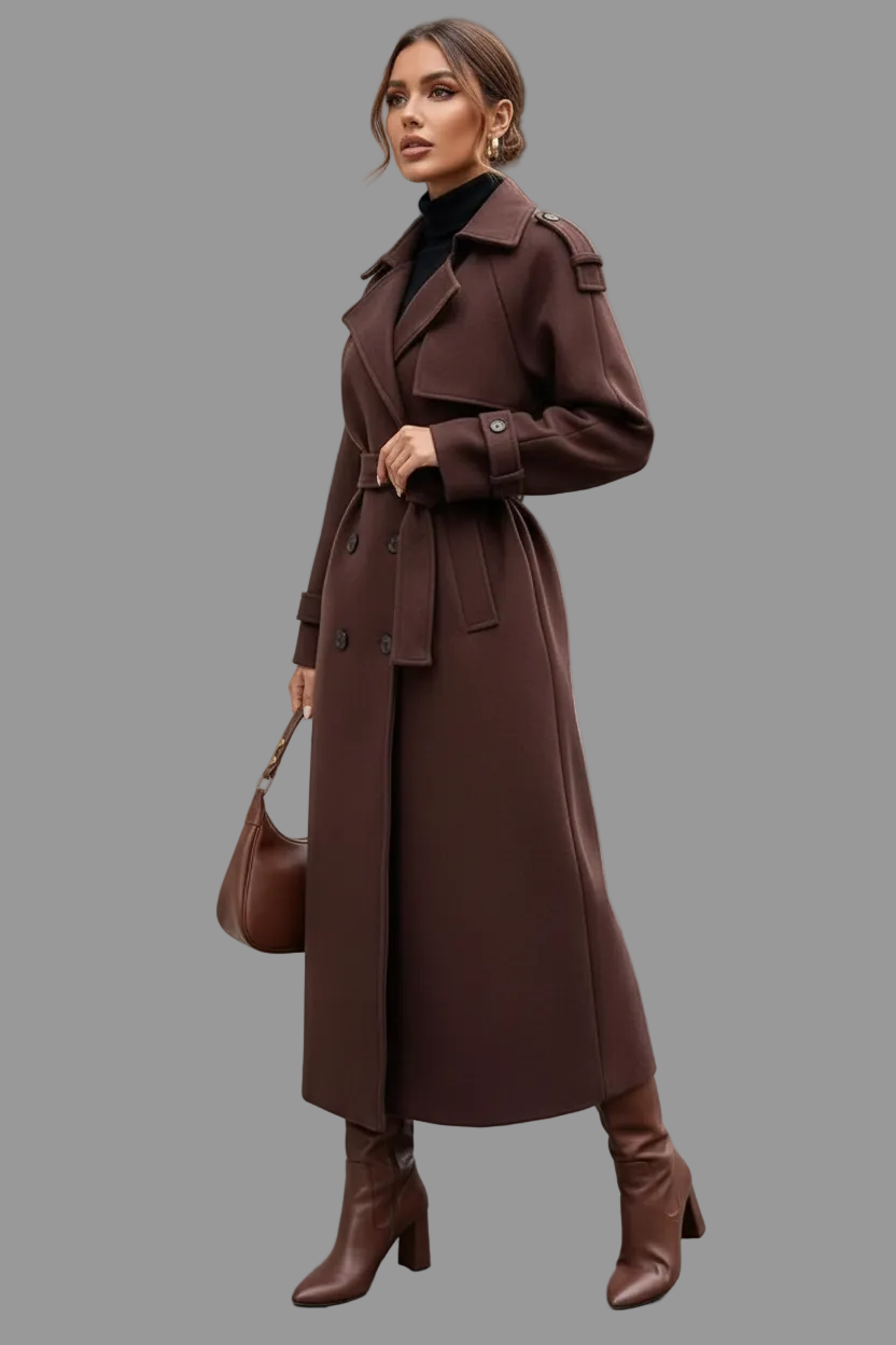 Chocolate-brown belted trench coat three-quarter view on model