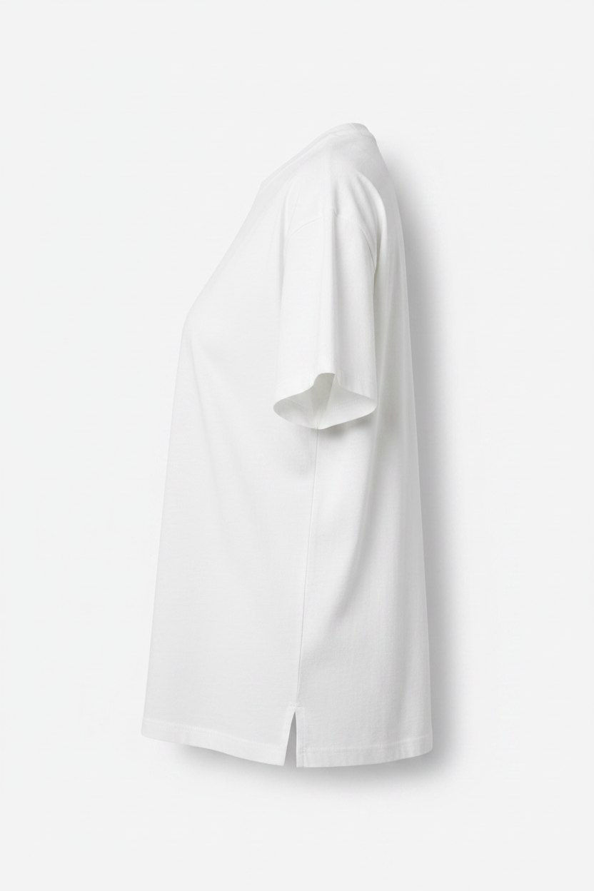 Botanical Bow Graphic T-Shirt side profile view — showing relaxed oversized silhouette and fit