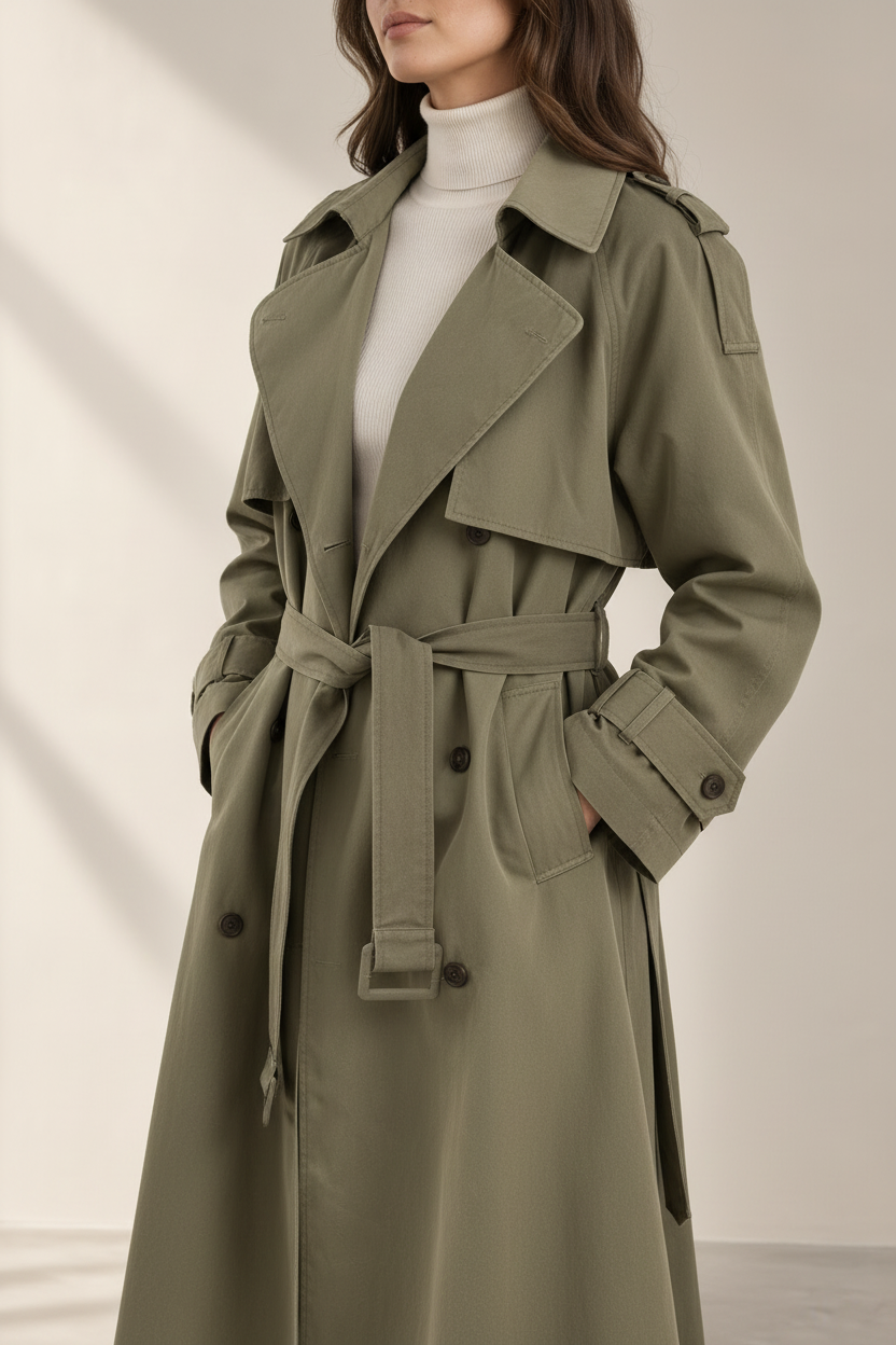 Detail view of a women's khaki belted trench coat