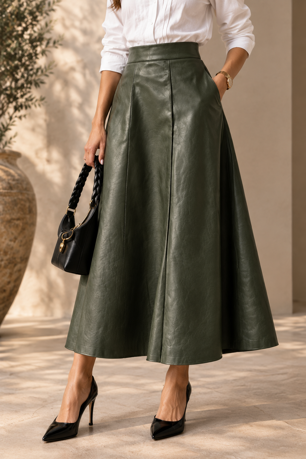 Army green leather A-line midi skirt, waistband and leather panel detail