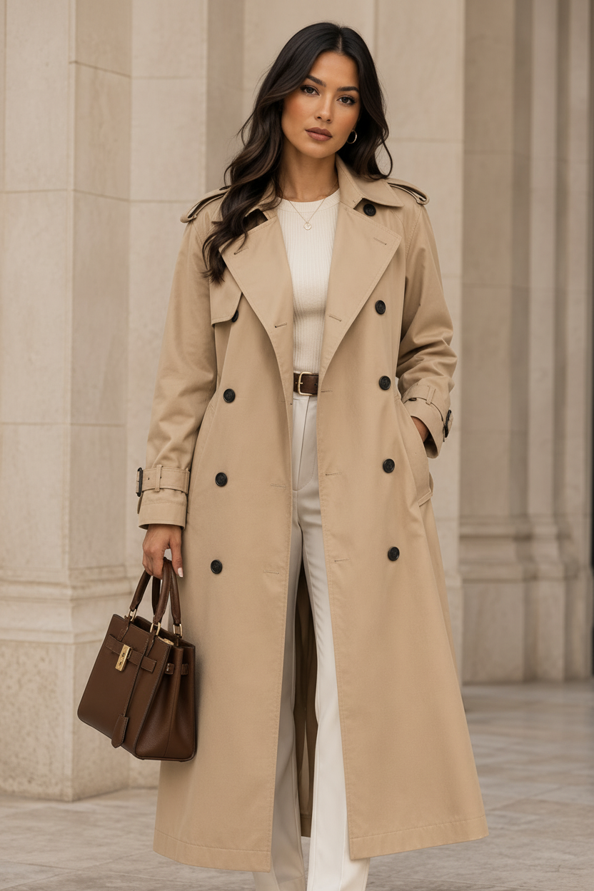 Detail view of the lapels, belt and cuff of a khaki lined belted mac coat