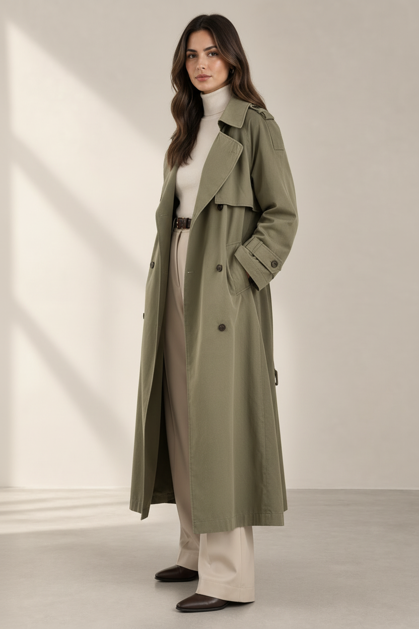 Three-quarter front view of a women's khaki belted trench coat on a model