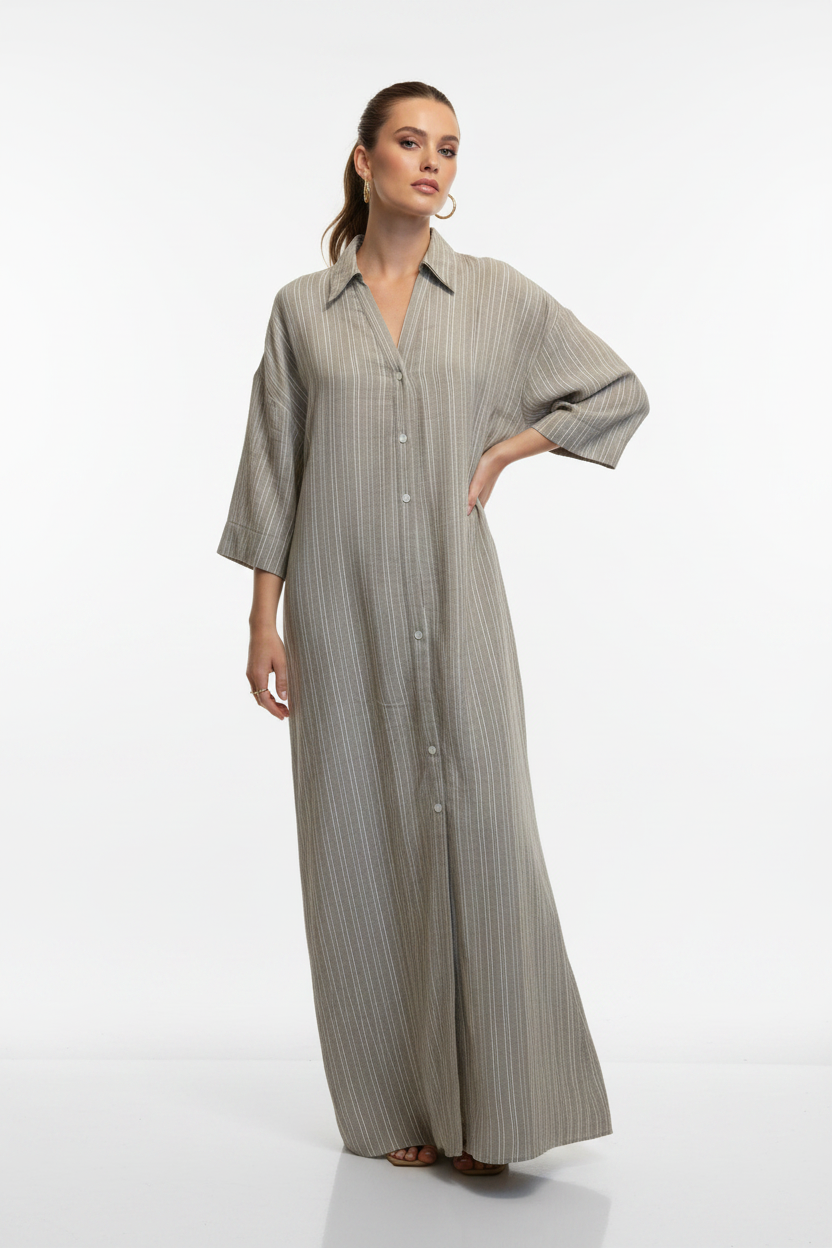 Khaki Pinstripe Maxi Dress Front