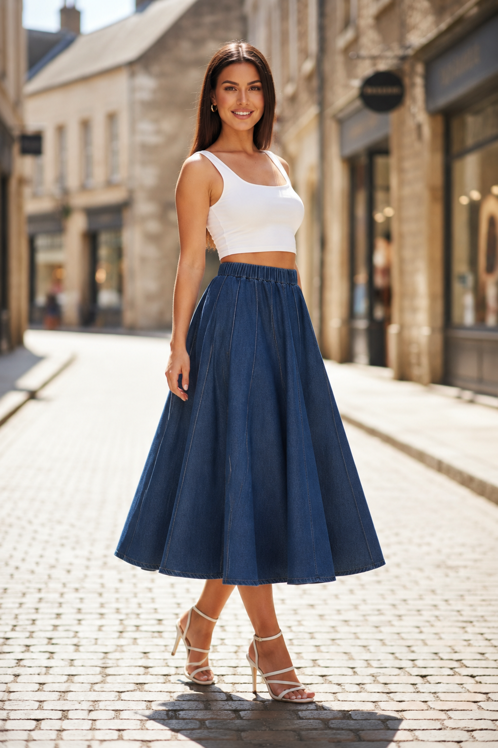 Dark blue denim circle midi skirt with elastic waist and wide flared skirt panels