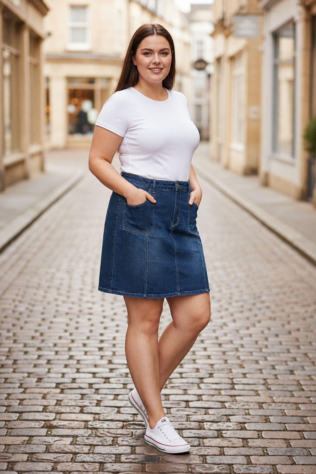 Dark blue denim mini skirt with patch pockets and stitched panels at mid-thigh length