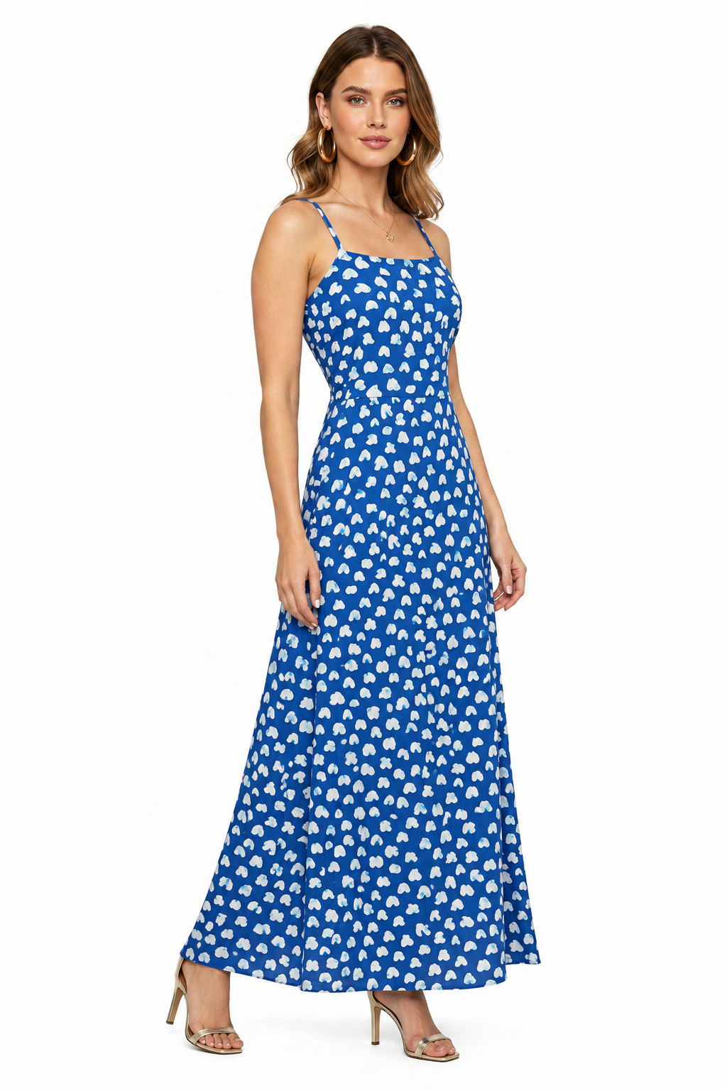 Blue speckled print maxi dress, fitted bodice and flowing skirt with spaghetti straps