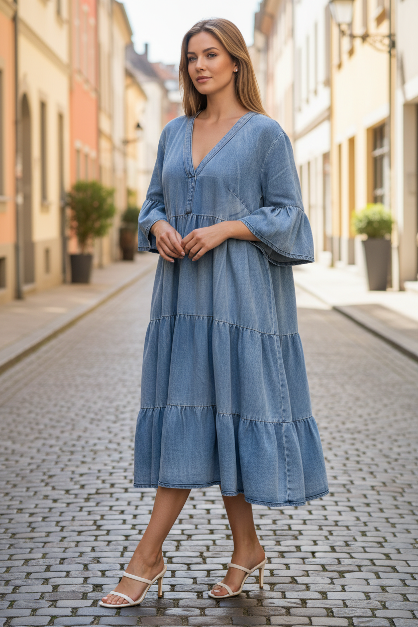 Light blue denim tiered midi dress with three tiers, V-neck bell sleeves