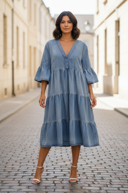 Light Blue Denim Tiered Midi Dress - Front Model