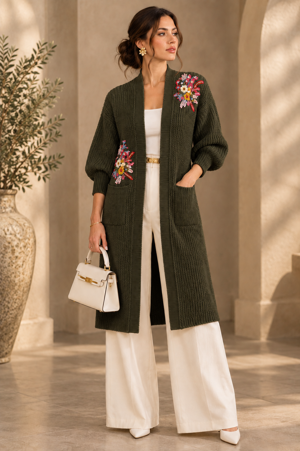 Olive green floral cardigan