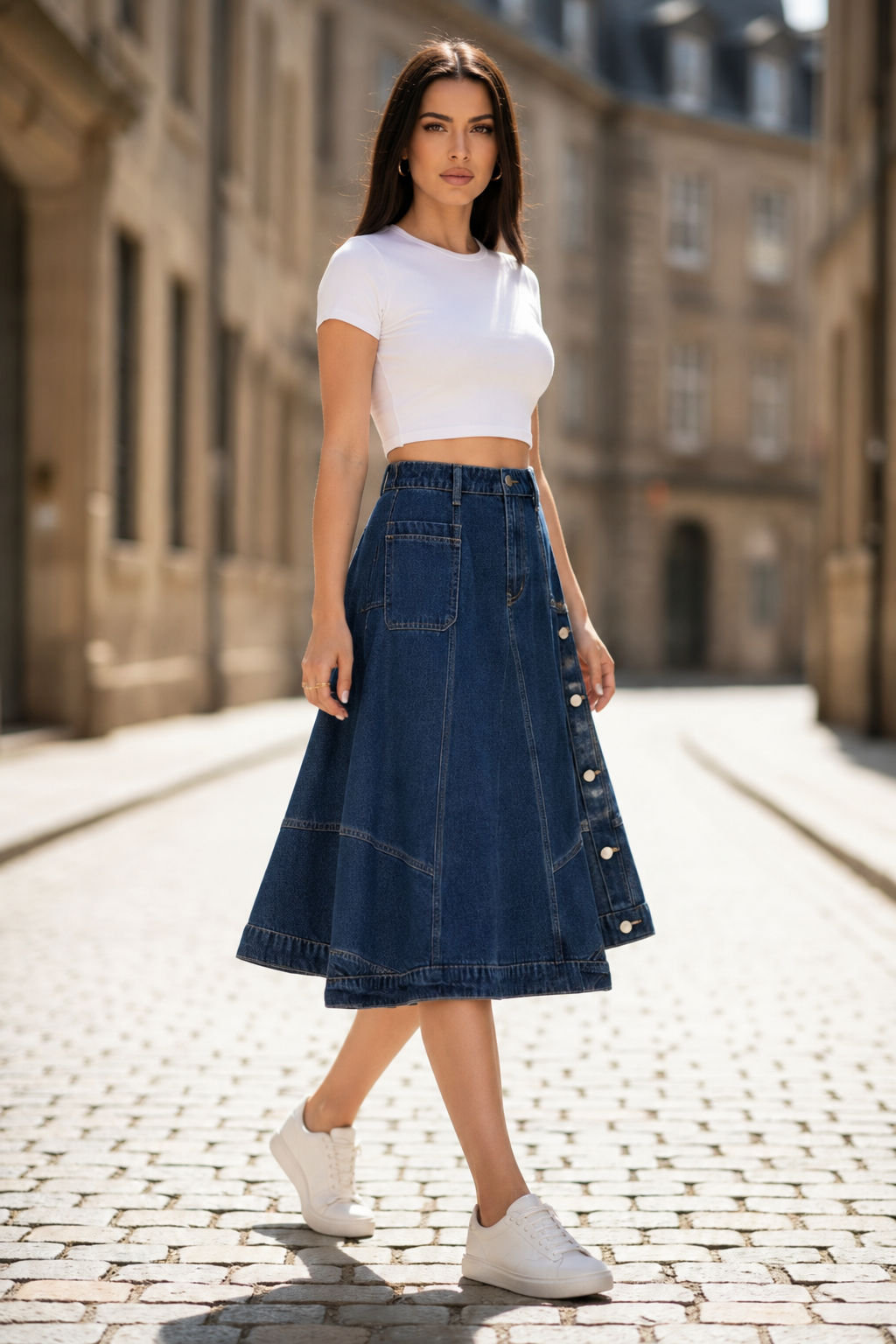 Dark blue denim A-line midi skirt with curved panel seams and side buttons