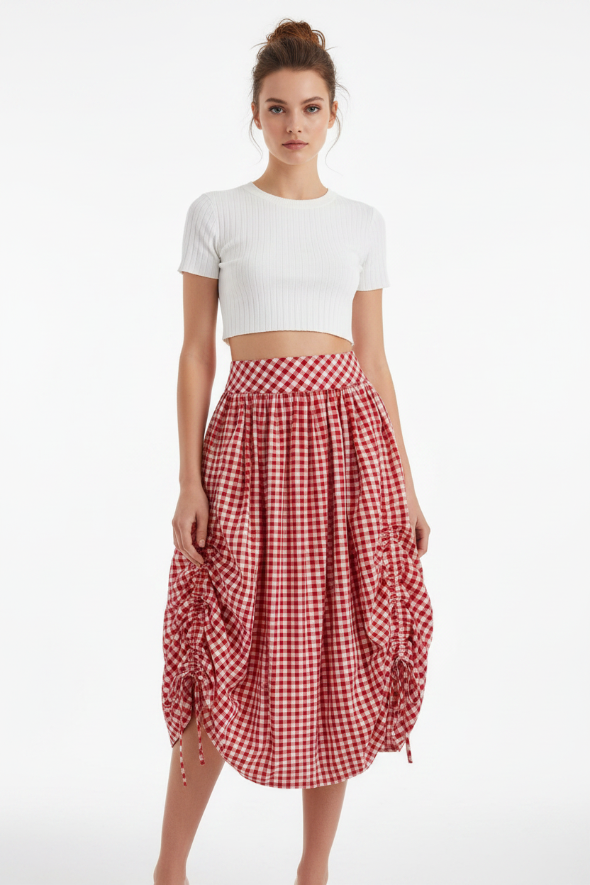 Red Gingham Ruched Skirt
