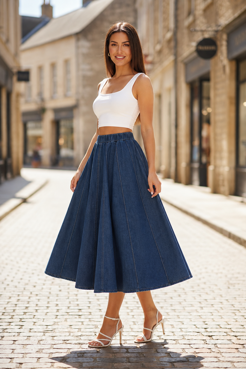 Dark blue denim circle-panel midi skirt with gathered elastic waist and flared A-line shape