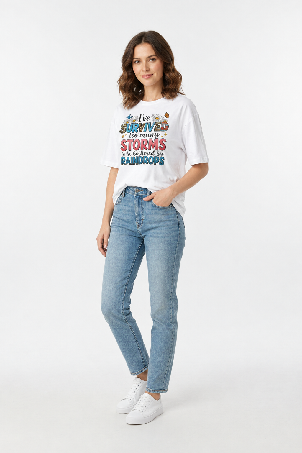 White short-sleeve T-shirt featuring rainbow storm and raindrop wording graphic