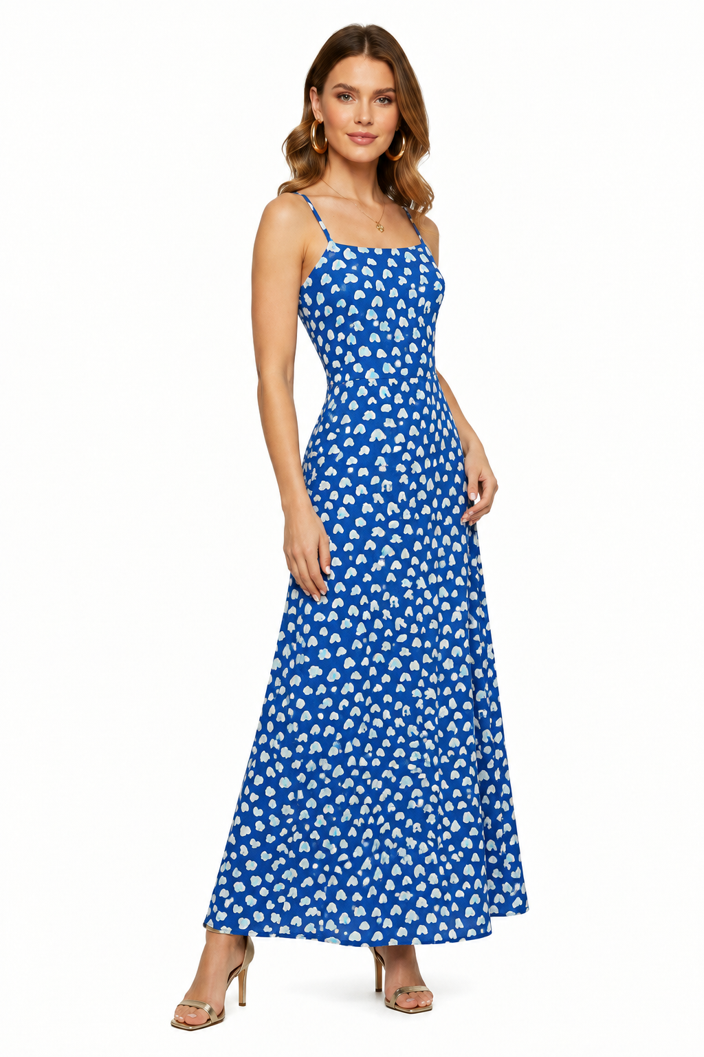 Blue speckled maxi dress with square neckline and sleeveless bodice