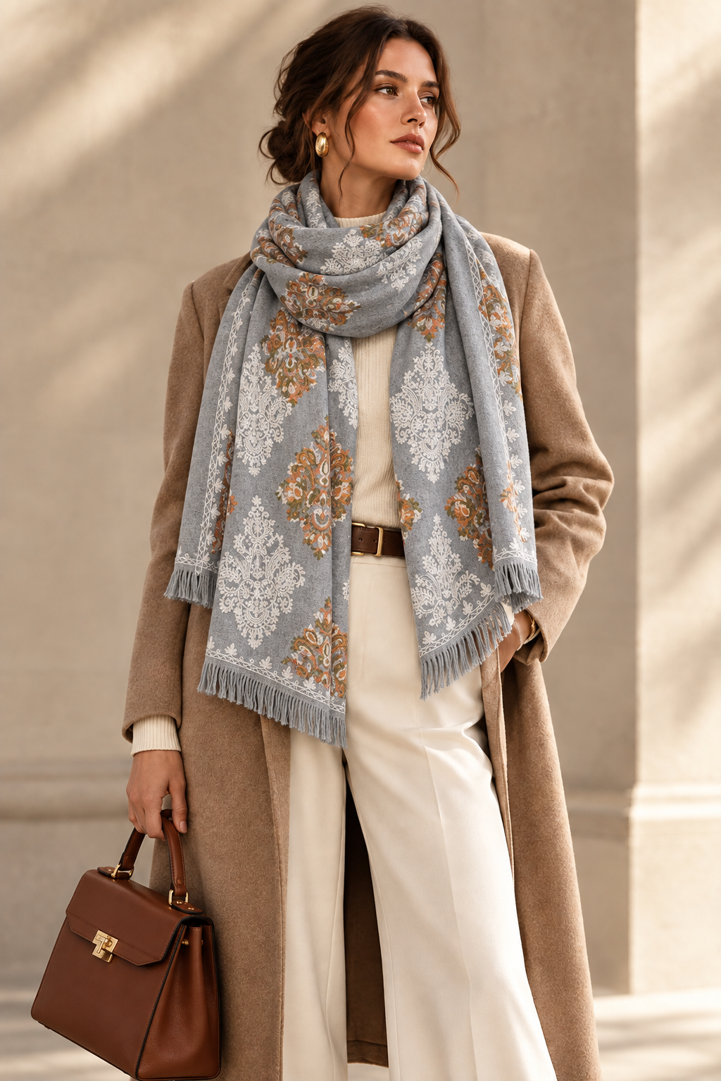 Printed polyester scarf for women in gray with orange and floral lace-like pattern