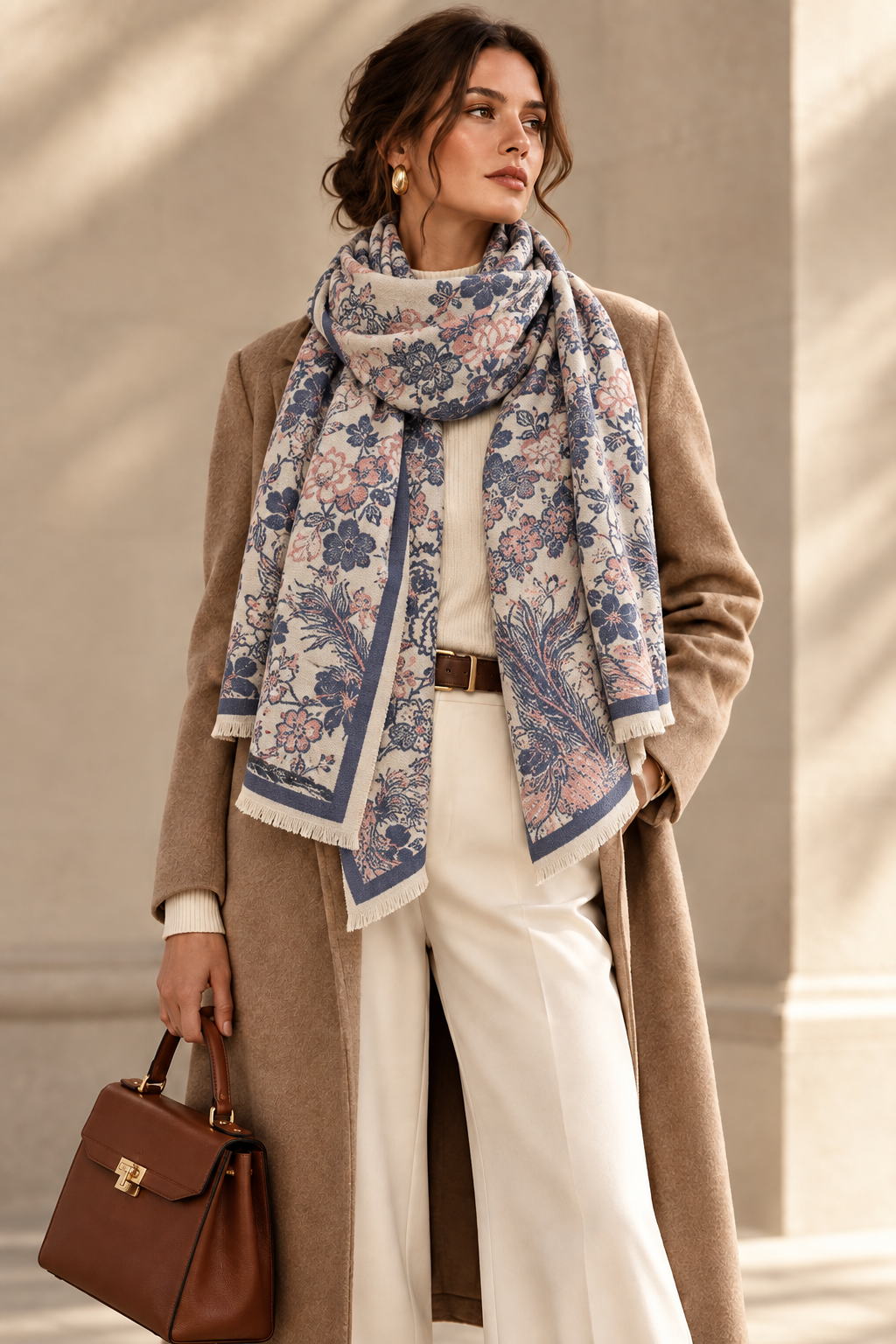 Printed polyester scarf for women with blue floral on cream background